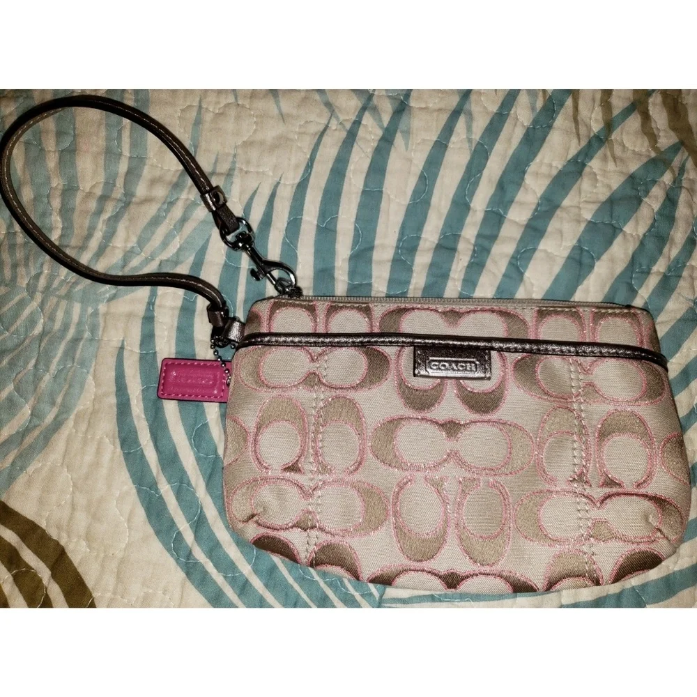 Tan and Pink Canvas Coach Wristlet